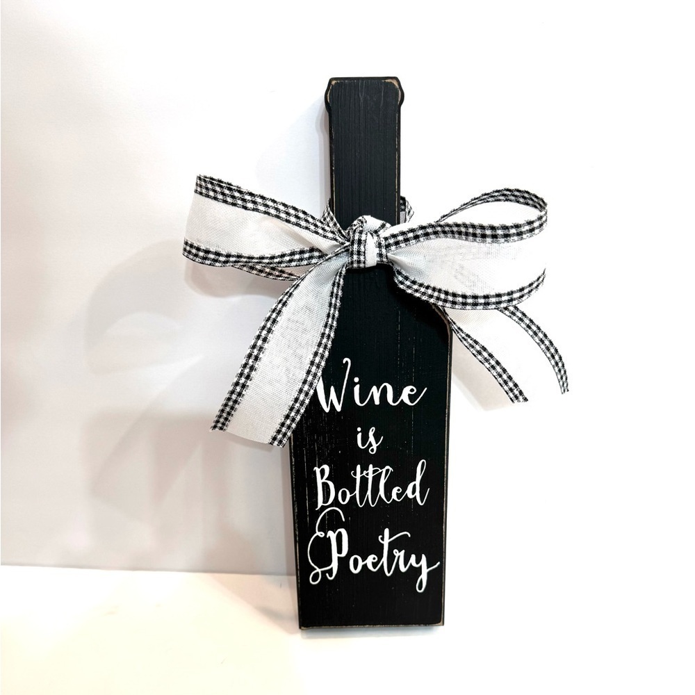 Wine is Bottled Poetry Black Wooden Wine Bottle Decor Quill to Paper by Sixtrees